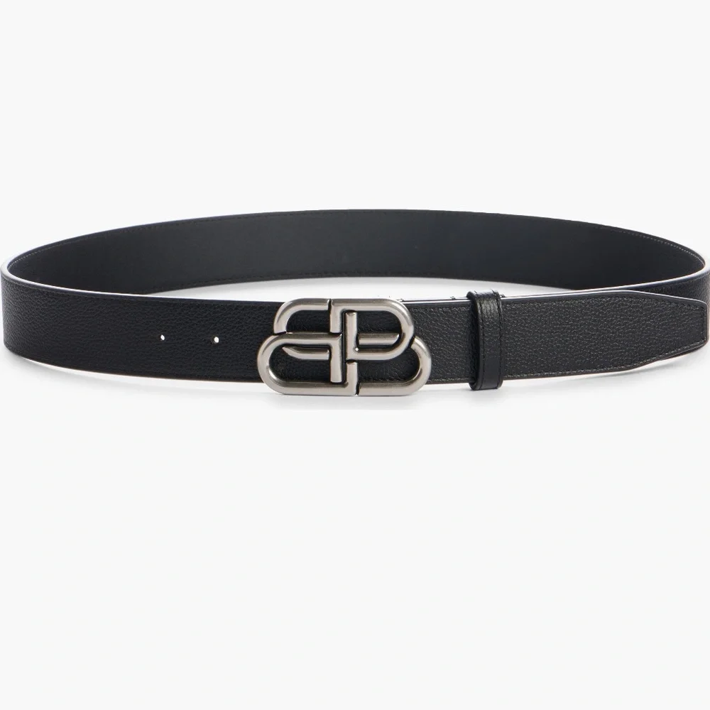 Balenciaga BB Logo Black Leather Belt silver buckle - Picture 2 of 8